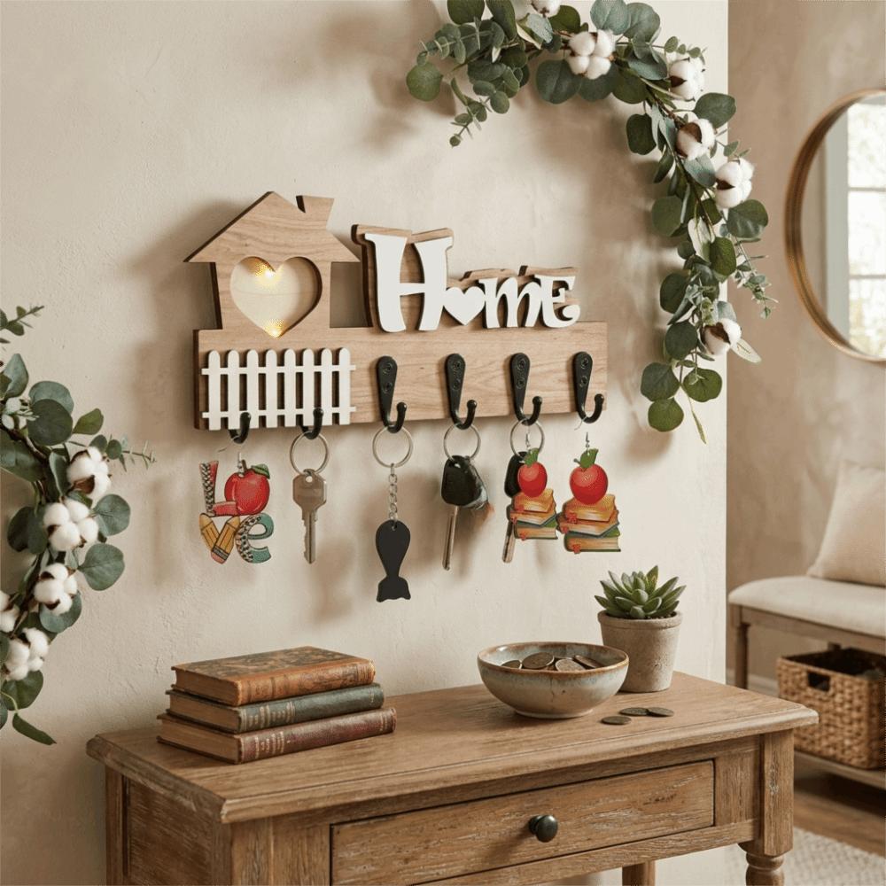 Vintage Wooden Key Hook 4 Hooks Key and Accessory Hanger Wall Storage Rack Entrance Decoration
