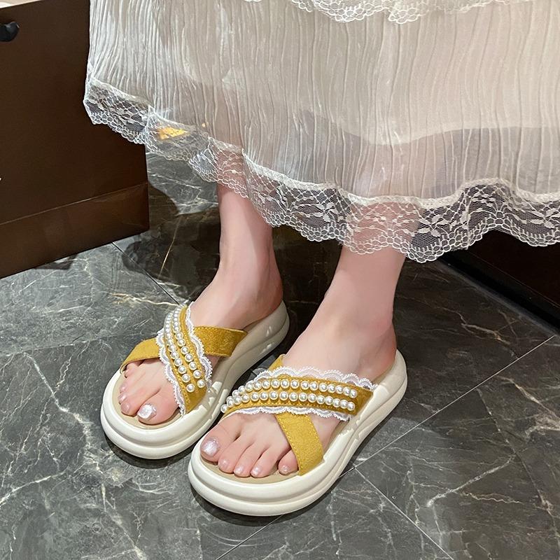 Fashion Platform Flat Slippers Fashion Round Head Cross Strap with Beaded Lace Edge Soft Sole Anti-slip Wear-resistant Sandals