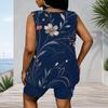 Women Plus Size Navy Blue Floral Printed Scoop Neck Sleeveless Tank Top And Shorts Two Piece Set