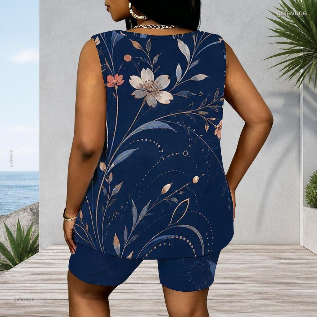Women Plus Size Navy Blue Floral Printed Scoop Neck Sleeveless Tank Top And Shorts Two Piece Set