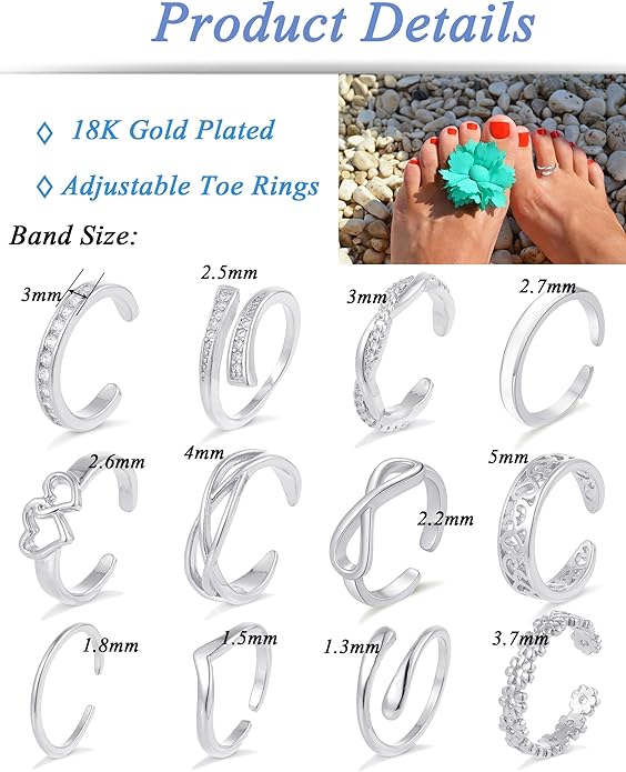 12Pcs Toe Rings Minimalist Thin Wire Cubic Zirconia Summer Beach Toe Rings Open Adjustable Foot Jewelry for Women Silver Tone