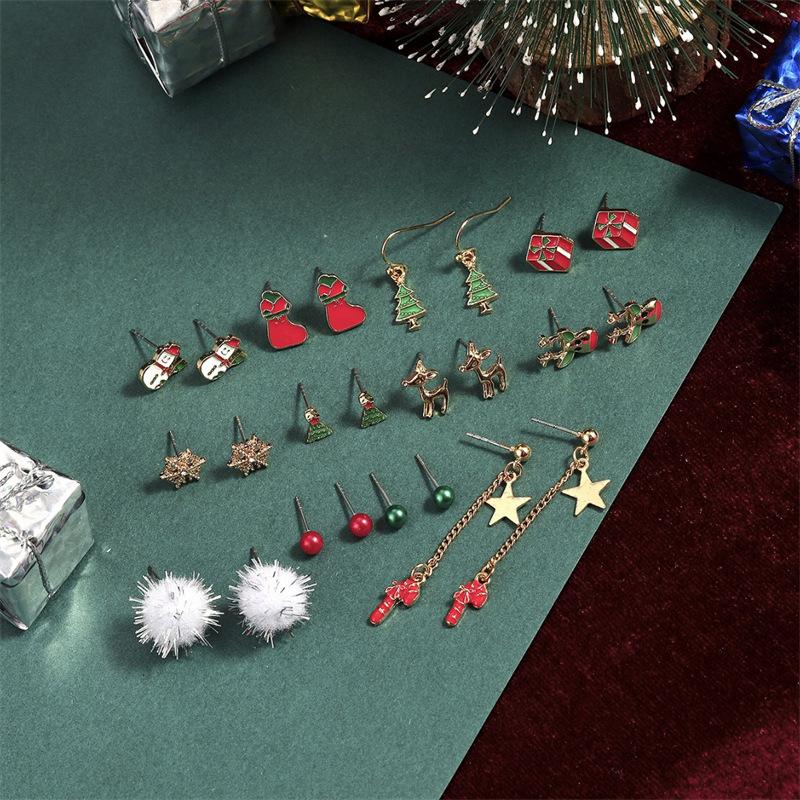 24Pcs Christmas Earrings Set For Women Small Shiny Zircon Xmas Tree Santa Claus Snowflake Earring Party Jewelry Accessories Gift