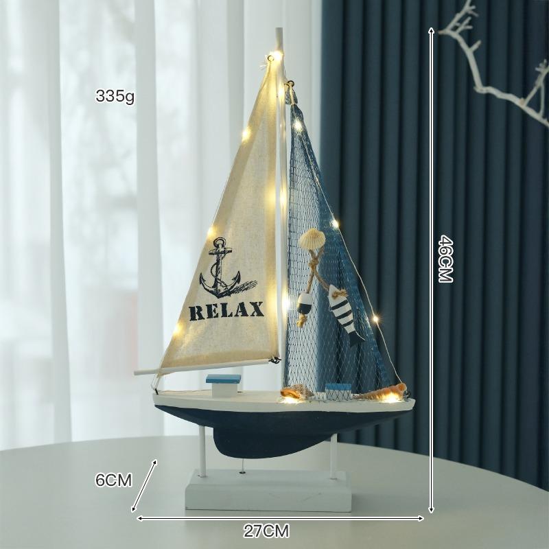 LED Wooden Sailboat Model, Nautical Mediterranean Style Home Decor, Coastal Sea Theme Tabletop Boat Ornament, Sailing Ship Gift