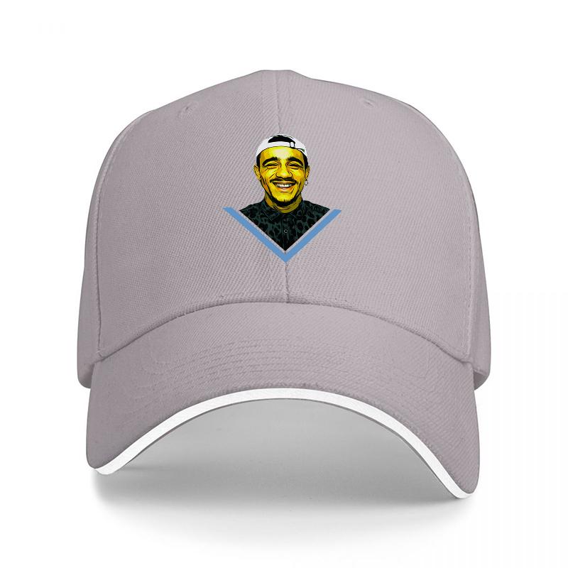 Black Baseball Cap Featuring Obama Cartoon Face with Blue V Design for Fashion StateUnisext and Streetwear Style