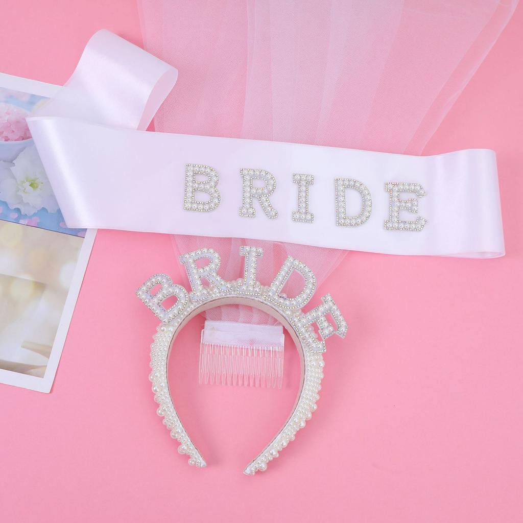 2026 Fashion Bride Bachelor Party, Bride Pearl Crystal Shoulder Strap Veil Headband Ribbon