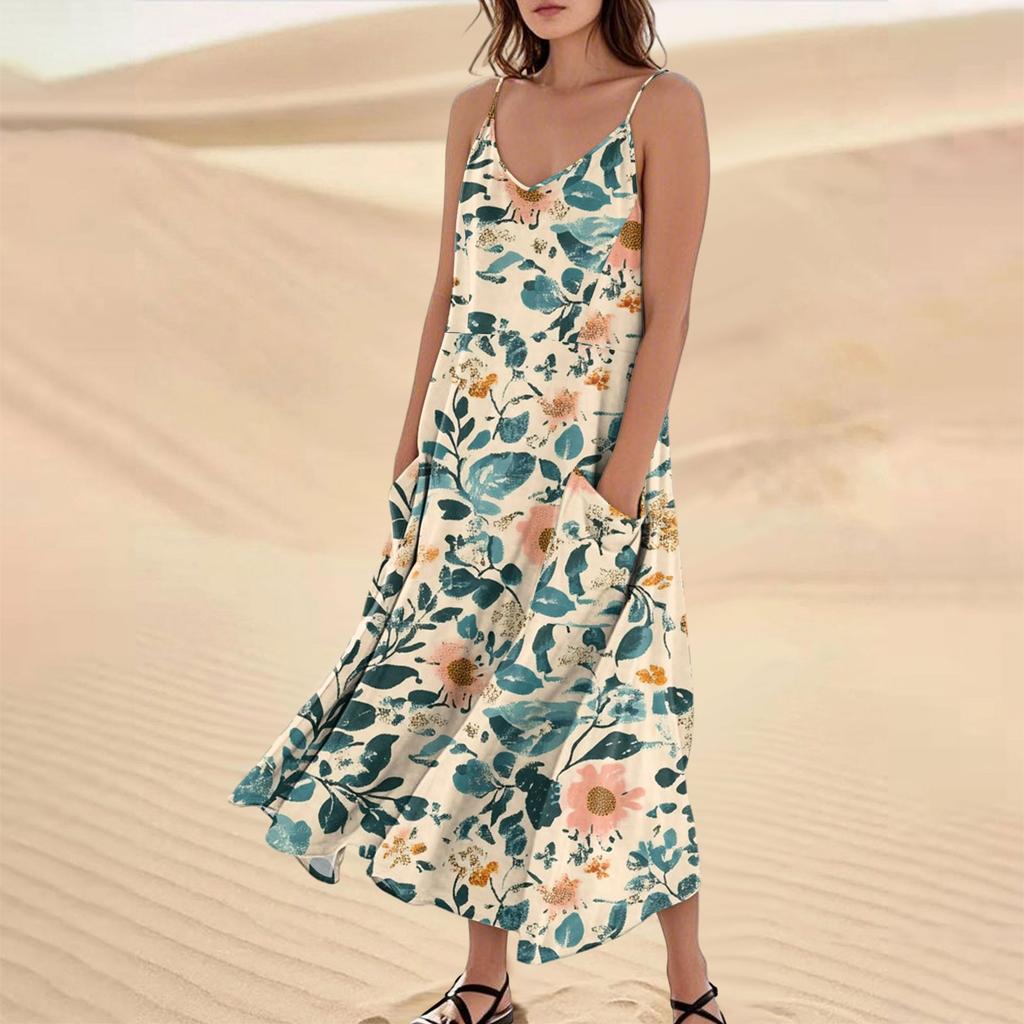 Women's Fashion Casual Floral Print Sleeveless Pocket Long Beach Dress