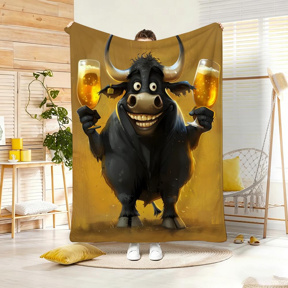 Cartoon D-Drunken Buffalo Beer Throw Lightweight  Flannel Blanket Soft Skin-Friendly For Summer Cooling