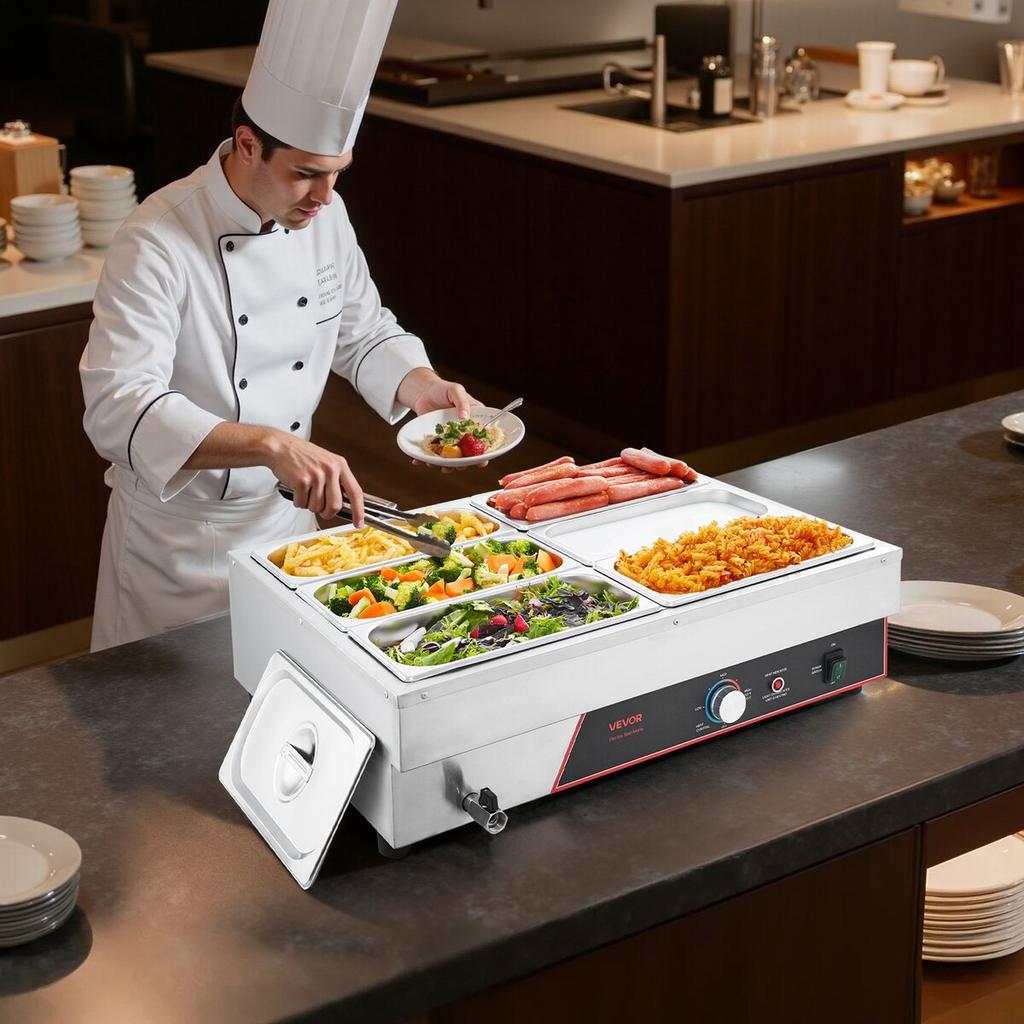 Commercial Food Warmer, 1500W Electric Stainless Steel Steam Food Warming with Lid, 6-Pan Fast Heating Countertop Buffet Bain Marie with Power Cord,