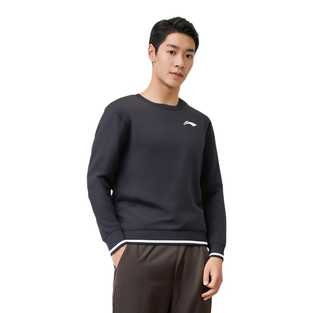 Li Ning Simple Logo Comfortable Pullover Casual Long Sleeve Knit Sweater Men sweater Black AMBU295-1