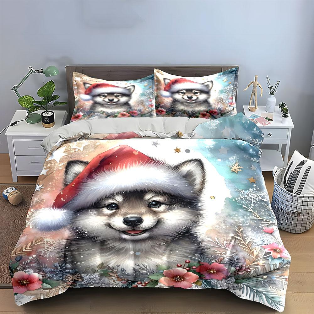 Cute Christmas Puppy with Flowers Bedding Duvet Cover Set Duvet Cover Pillowcases  (1*Duvet Cover 2*Pillowcases, Without Duvet Insert)