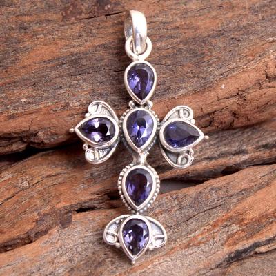 Reiki Pendant, Silver Jewelry, Crystal Healing Pendant, Iolite Silver Pendant, 925 Sterling Silver Handmade Jewelry, Cross Pendant