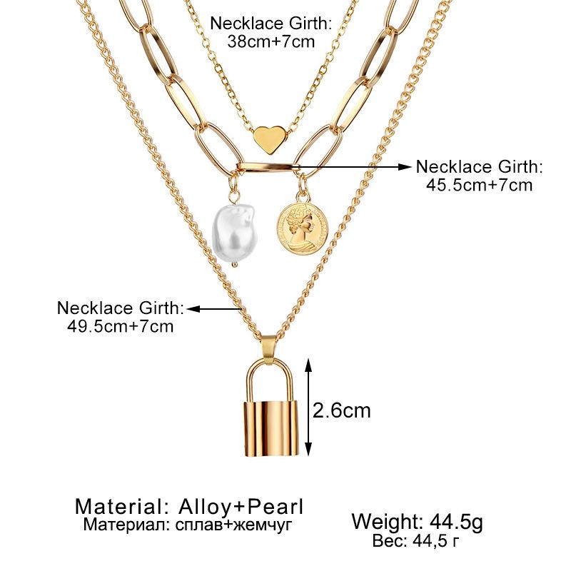 Multi-layer Necklace Female, Creative Retro Simple Octagram Lock Pendant Thick Chain Necklace