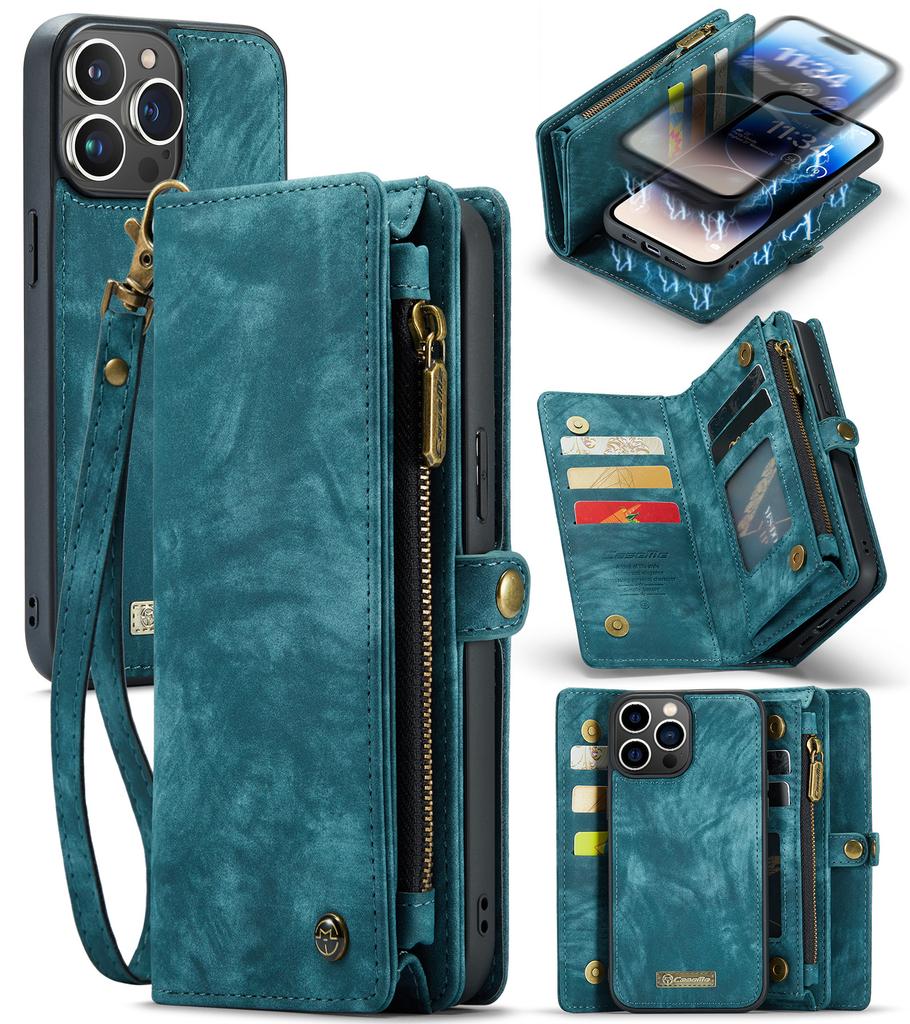For iPhone 14 Pro Max Wallet Case with Strap Zipper Wallet Card Slots & Detachable Magnetic PU Leather Case Wallet for Women/Men