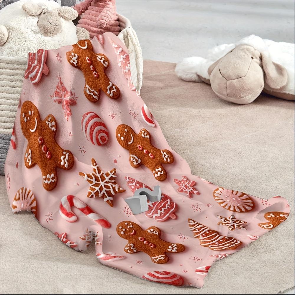 1pc Soft Pink Gingerbread Men & Candy Stripes Flannel Throw Blanket - Christmas Winter Decor Cozy Warm All-Season Couch Bed