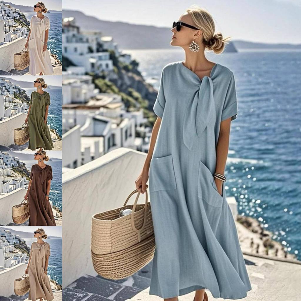Spot 2026 European and American cross-border Amazon foreign trade summer temperament short sleeve bow pocket loose dress women
