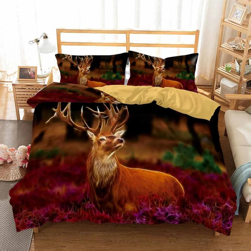 US Size Bedding Queen King Size 2/3Pcs Deer And Flowers Autumn Leaves Duvet Cover Sets Pillow Shams Single Double Kids Bed Set