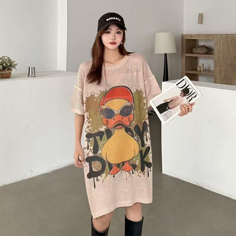 

2025 Summer Plus Size Cartoon Print Knee-Length Hollow T-Shirt Dress One Size (85-170 Jin)