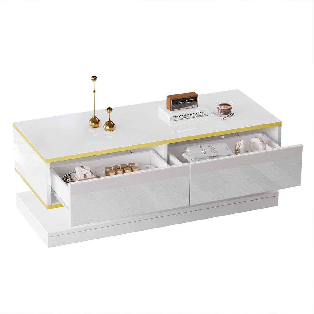 Mesa de centro de alto brillo de 100*50*38 cm con 2 cajones grandes, Blanco cálido + Borde dorado, Parte media estrecha y parte superior e inferior anchas