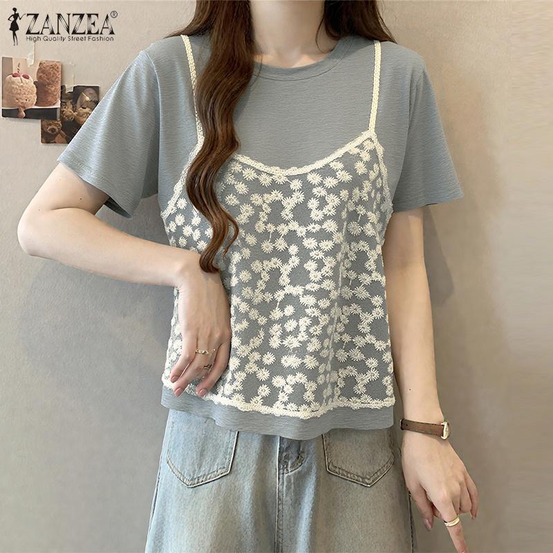

ZANZEA Women Casual Round Neck Patchwork Summer Short Sleeve T-shirts S білий