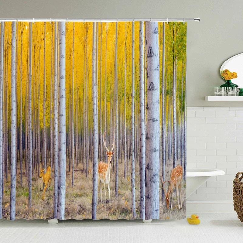 Berkenbomen Boslandschap Douchegordijn Waterdichte Stof Badkamer Gordijnen Natuurlijk Landschap Bad Scherm Met 12 Haken