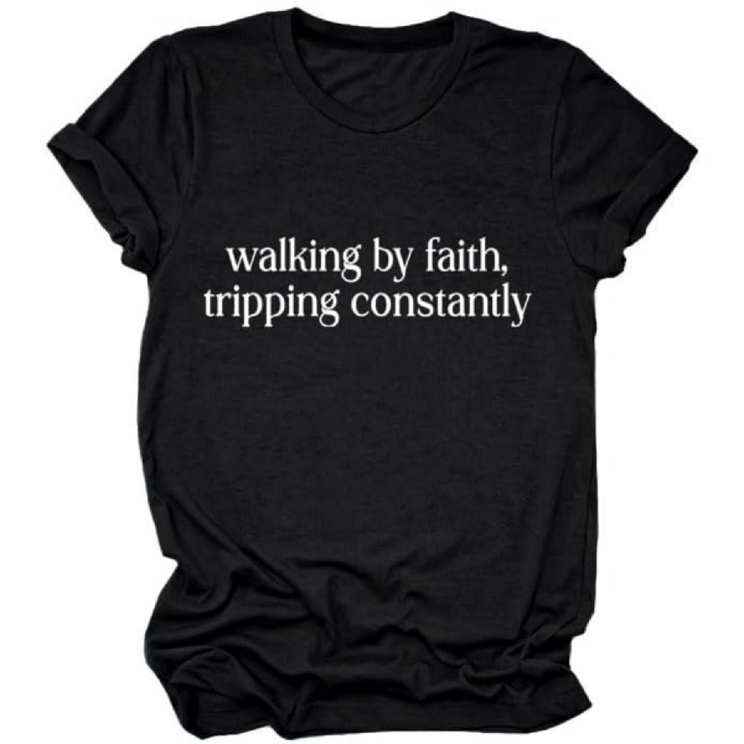 GAQEUWR Faith Shirt for Women, Walking by Faith Tripping Constantly Shirt, Inspirational Bible Verse Short Sleeve Tops XXXXXL разноцветный