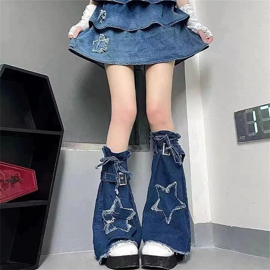 Dámské džínové návleky na nohy s hvězdami, punčochy do kolen, japonské boty