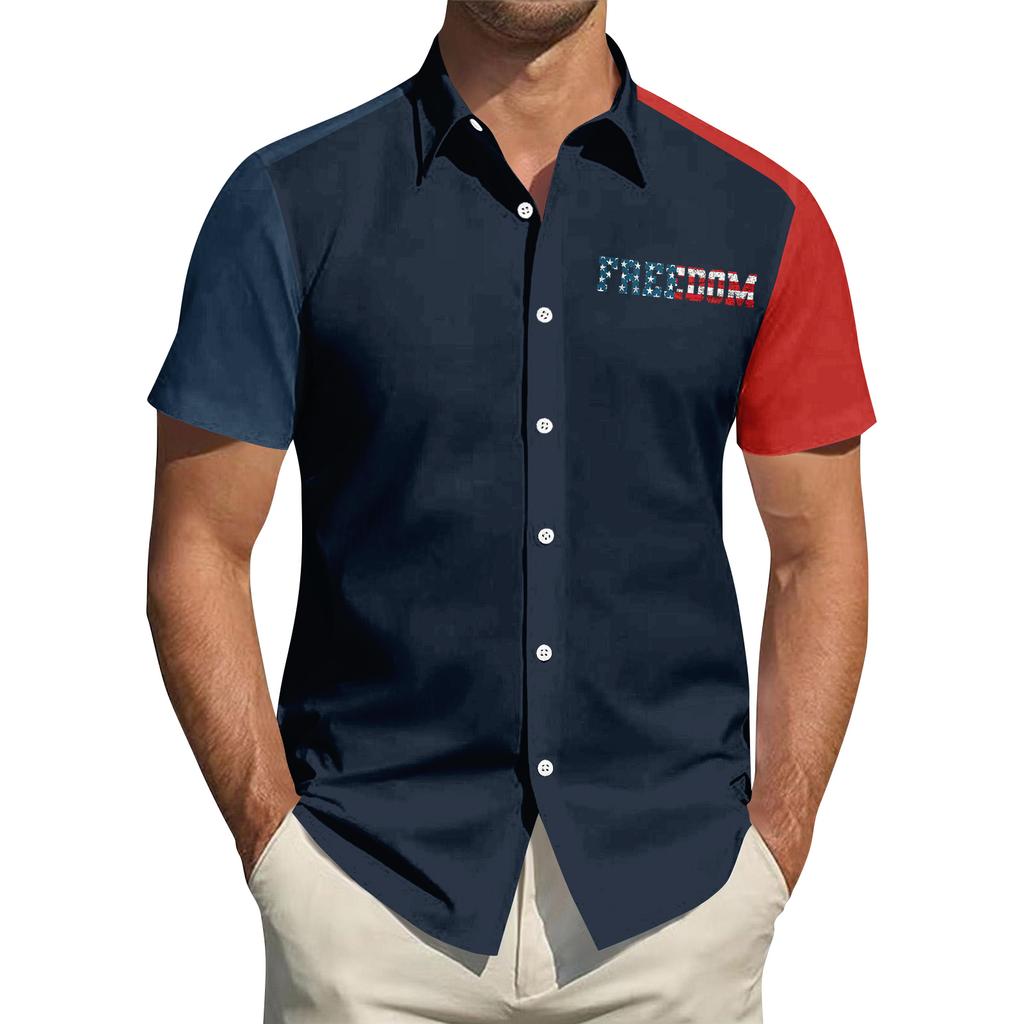 Top da Uomo Stampato per il Giorno dell'Indipendenza con Colletto Camicia Casual Sportiva a Maniche Corte da Uomo