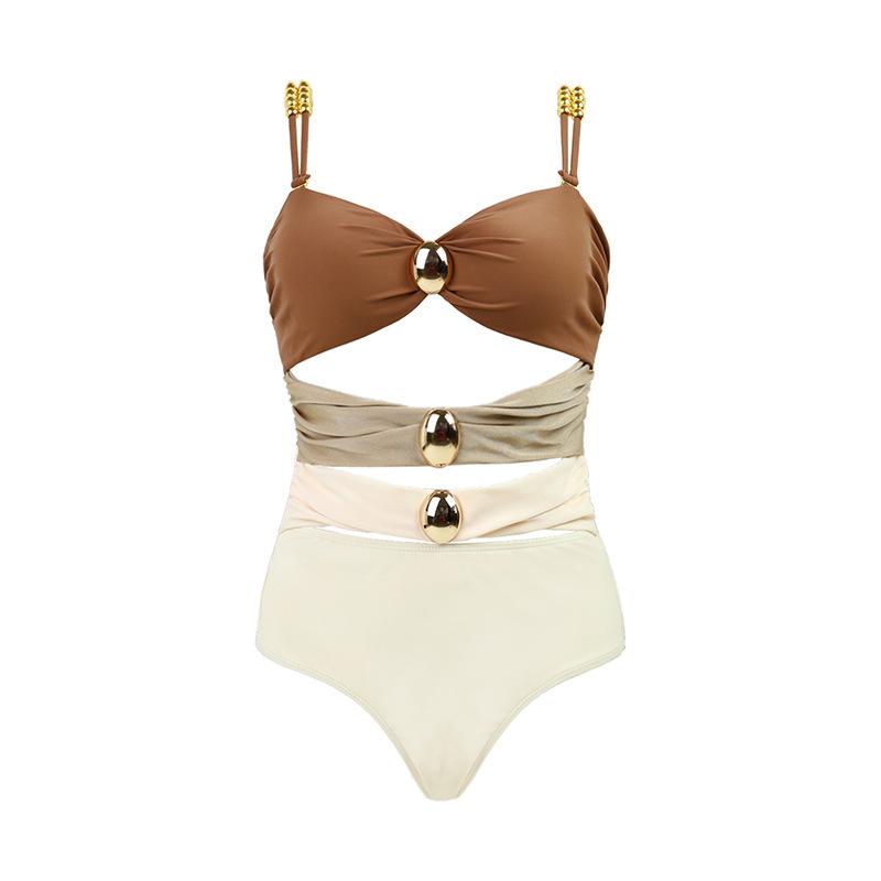 TS JYL-SW157 Solid Metal Button Swimsuit, High-Waist Slim Luxury Swimwear S