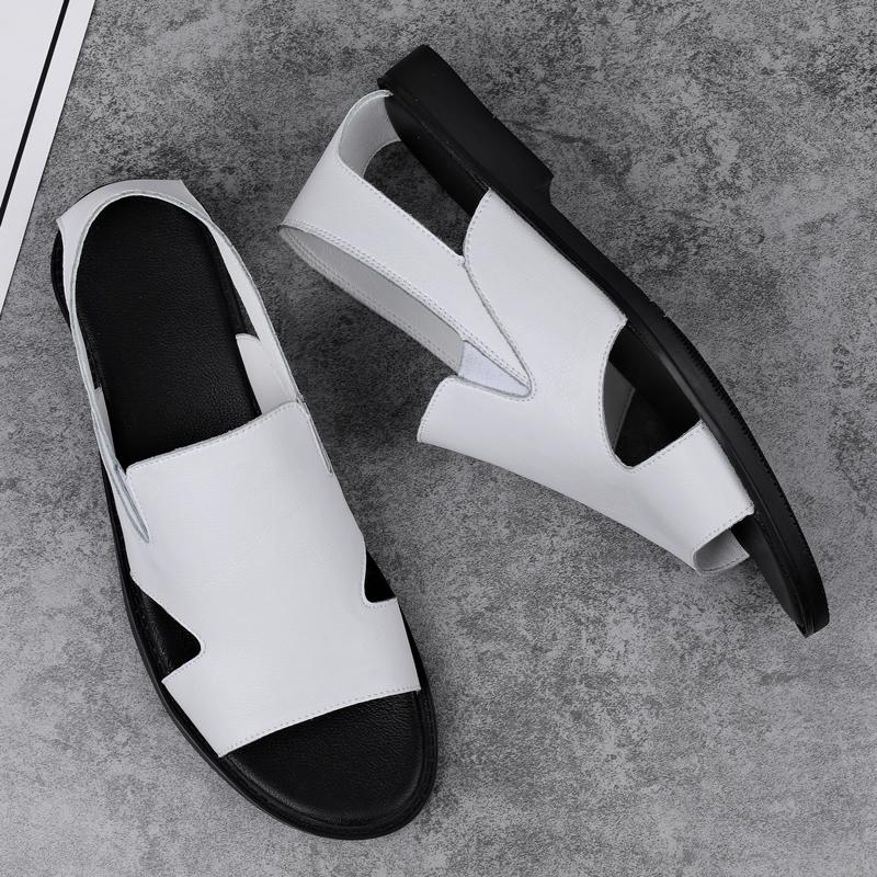 New Arrival Mens Summer Sandals Comfy Leather Beach Shoes Handmade Casual Breathable Hollow Out Shoes Outdoor Cool Slip on Flats