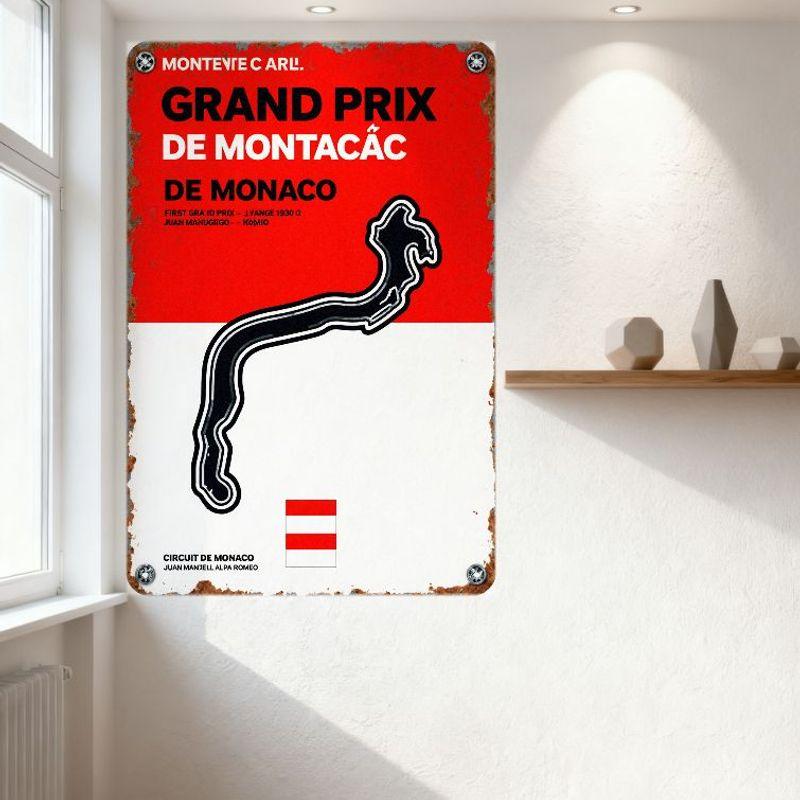 Placca Metallo Vintage Gran Premio di Monte Carlo, Placca Murale Retrò Arrugginita e Invecchiata Monaco Corse, Juan Manuel Fangio 1950 Circu F1