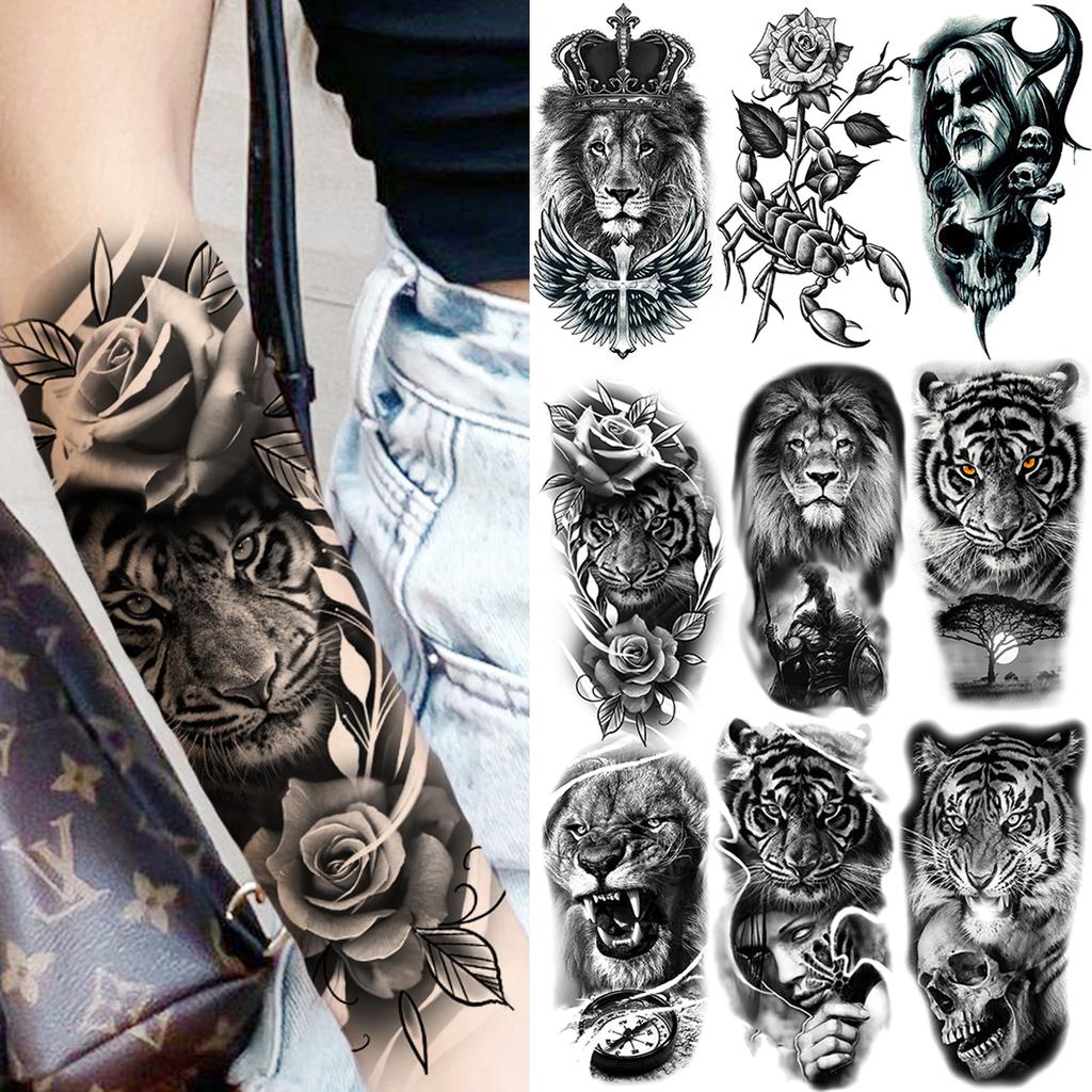 Tiger Flower Temporary Tattoos For Women Men Realistic Lion Scorpion Vampire Skull Compass Fake Tattoo Sticker Forearm Tatoos
