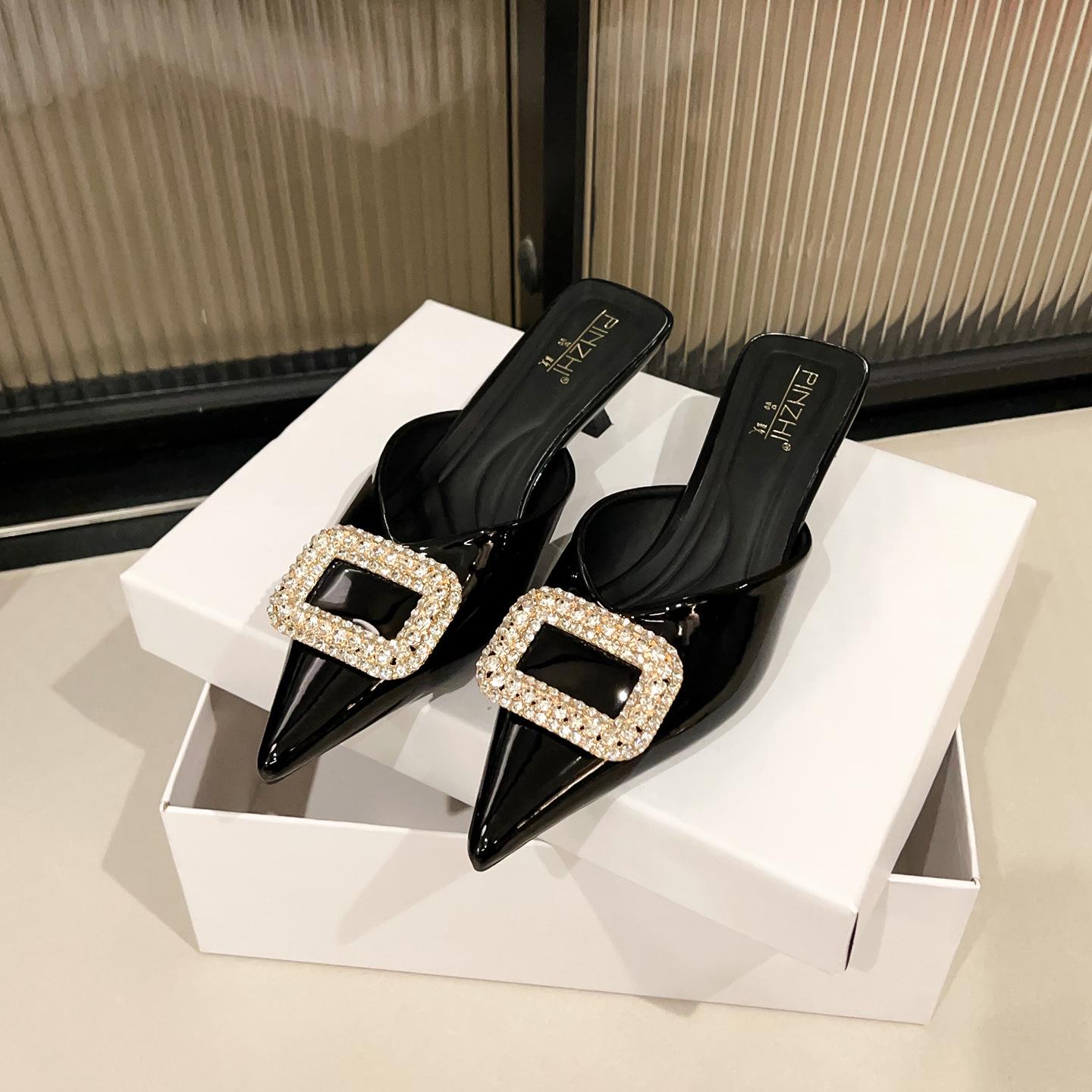 

F45-B21 French Fairy Style Patent Leather High Heel Slippers with Rhinestone Square Buckle 38 чорний