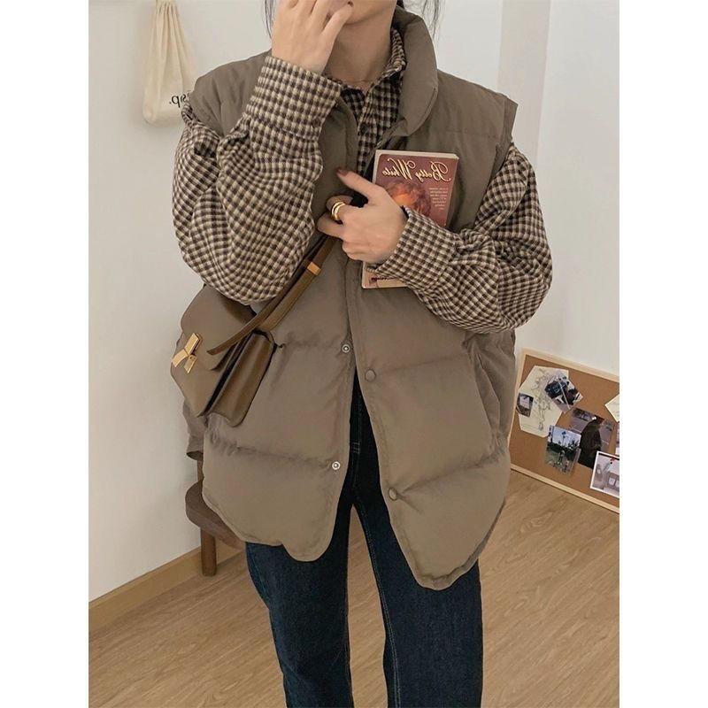 

2025 spring, autumn and winter down cotton short retro stand-up collar vest student loose sleeveless vest bread edge vest women XL recommends 130-72.5kg хакі