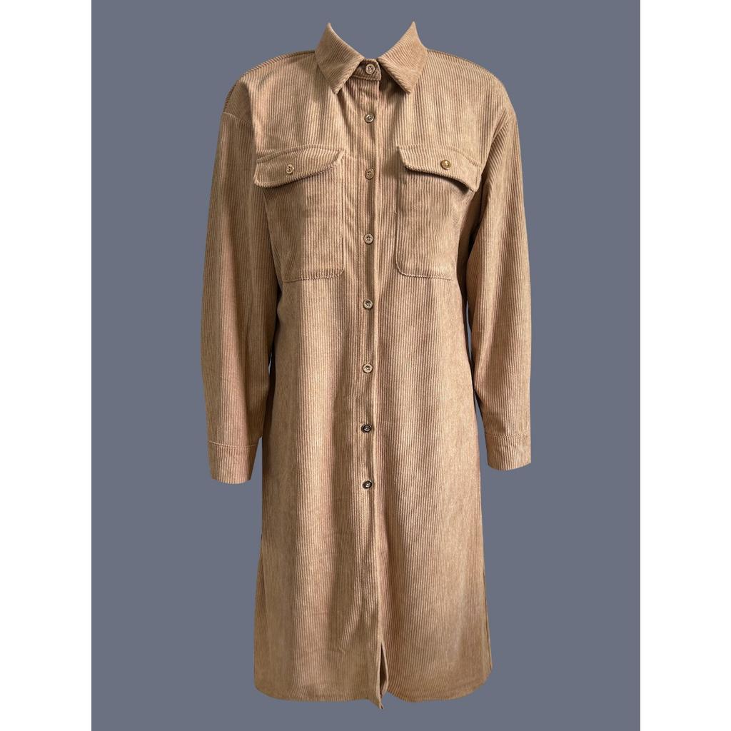 New Solid Corduroy Long Sleeve Lapel Collar Loose Shirt Dress