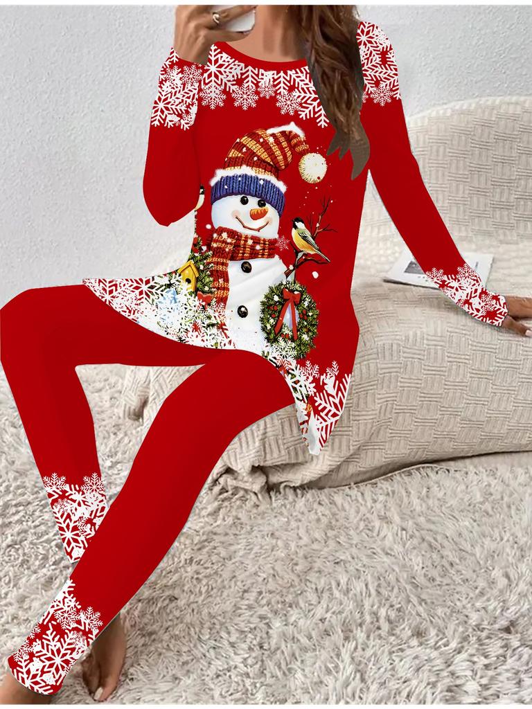 Euroamerická móda 3D Vánoční potisk Dámské Čtyřsezónní Tričko s dlouhým rukávem + Dlouhé kalhoty Dvoudílný set. Perfektní dárek na Nový rok a Vánoce