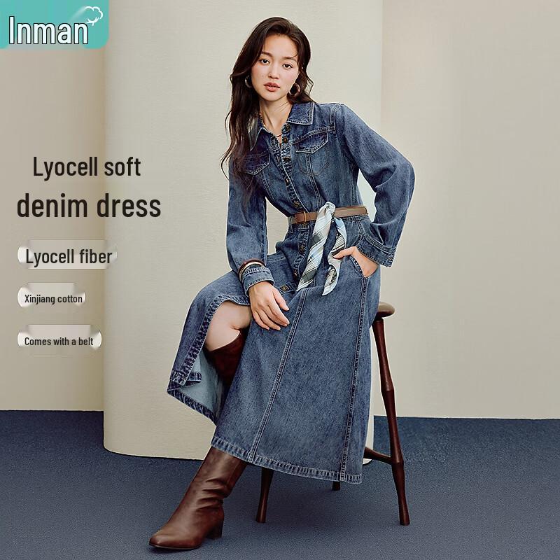 INMAN Vintage Denim A-Line Midi Dress