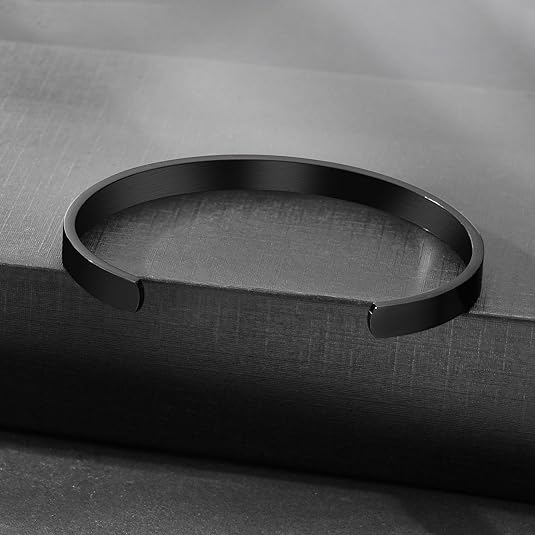 

6mm Wide Simple Cuff Bracelets for Men Adjustable Glossy Stainless Steel Opening Bangle Women Fashion Zircon Casual Party Gift чорний