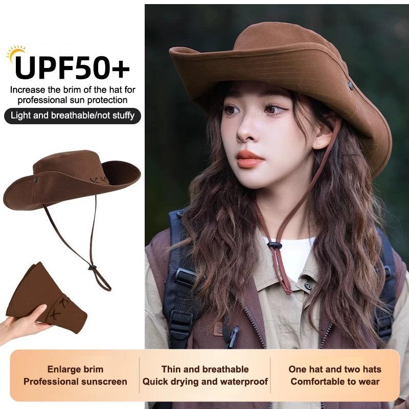 Breathable Western Cowboy Hat Solid Color Adjustable Wide Brim Sun Hat Outdoor Mountaineering Fisherman Sunshade Cap Travel 1PC