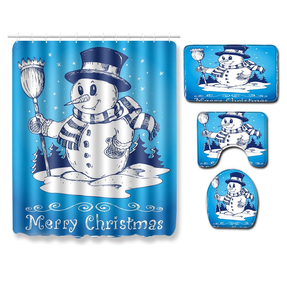 Christmas Home Shower Curtain Waterproof Polyester Cloth Toilet Floor Mat Four-Piece Set Entrance Door Mat Bedroom Living Room Carpet