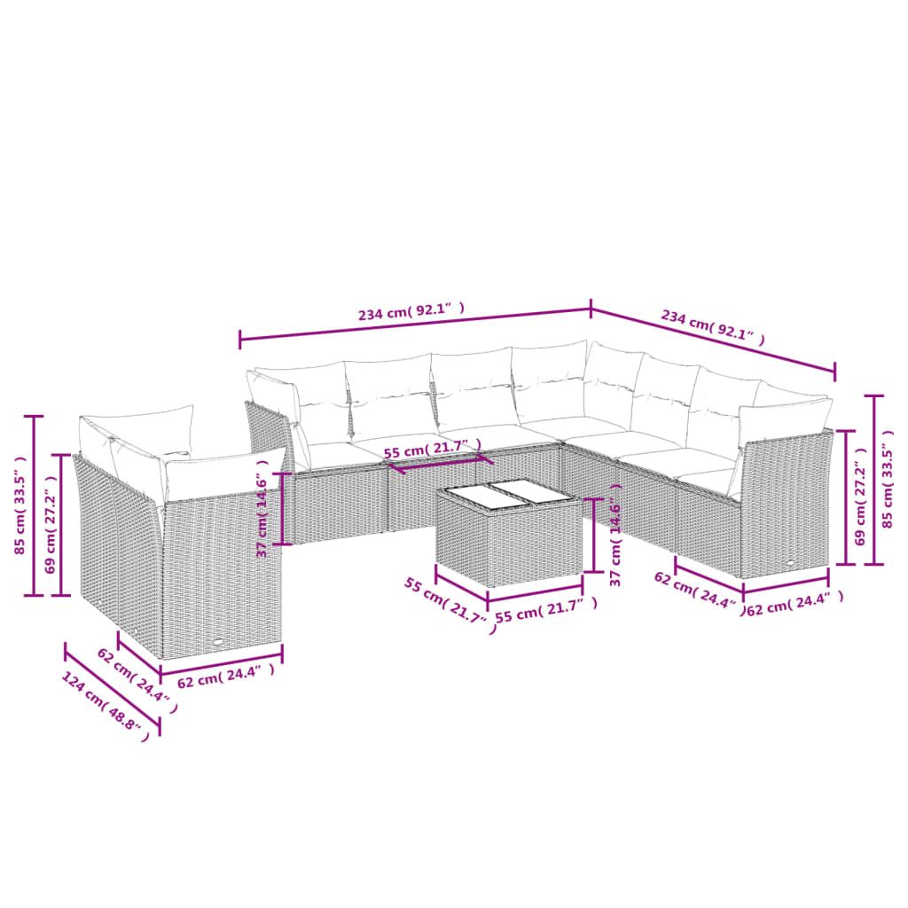 Vidaxl 10-Cz. Set di Mobili da Giardino con Cuscini, Beige, Polyrattan