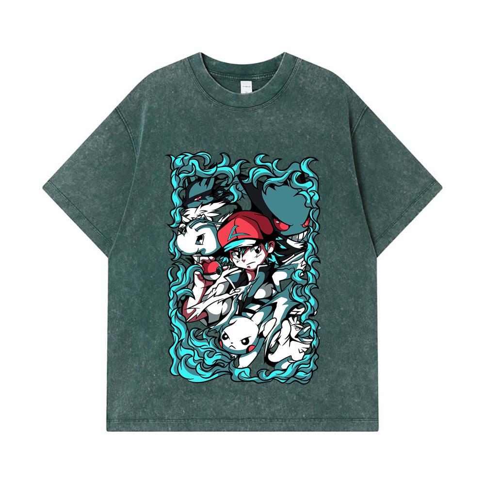 275 GSM Washed T-shirts 100% Cotton Pokemon V26 Print Unisex Heavy Cotton T Shirt