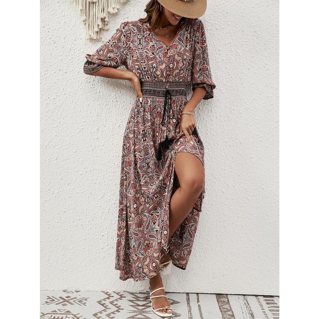 GMXIA Women's Summer V-neck Printed Bouquet Waist Bohemian Dress Holiday Button-down Beach Long Dress