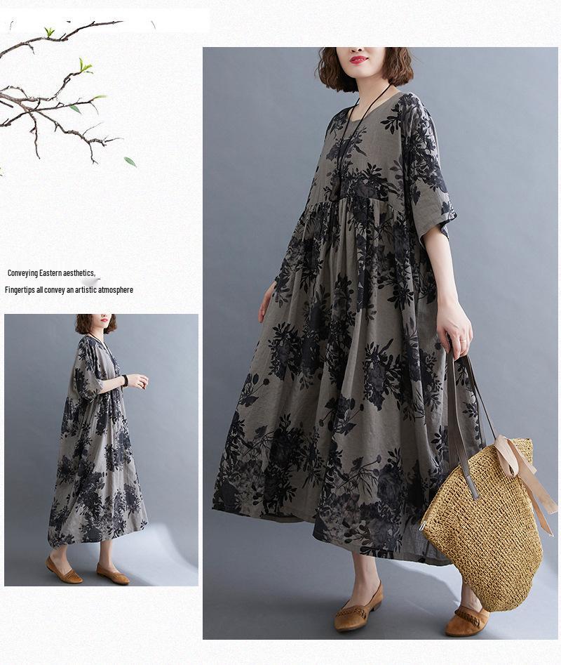 2021 Summer Retro Plus Size Round Neck Print Dress with Short Sleeves and Big Swing