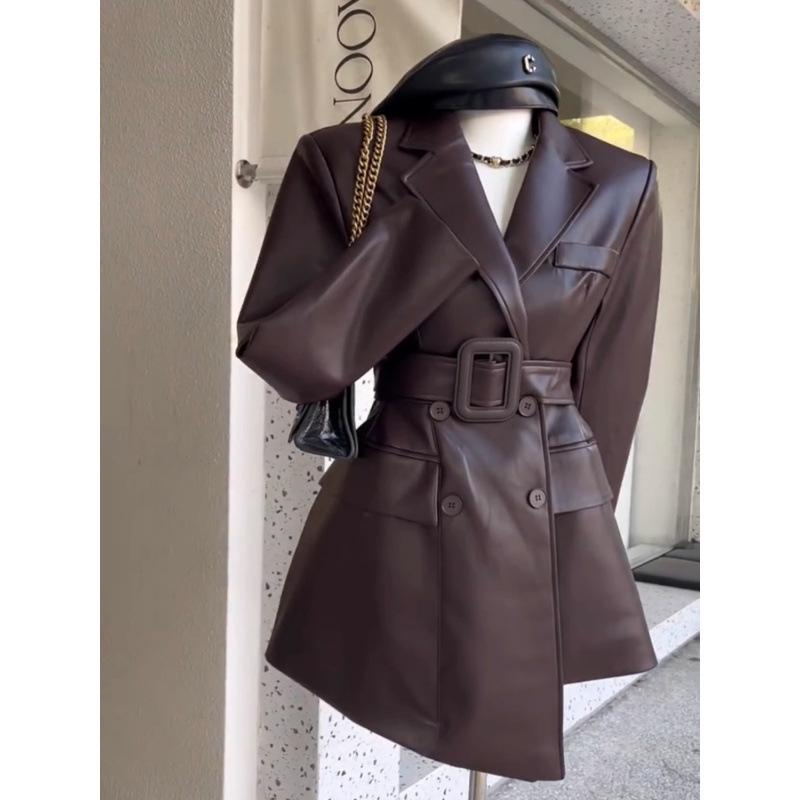 Dámska Khaki Retro Kožená Bunda - Yuppie Štýl, High-End, Zúžená v Pás, Jesenný Trend