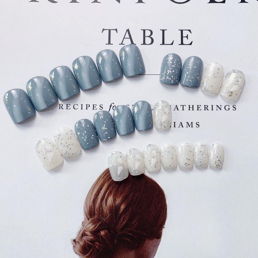 Premium Gray Blue Nail Patch False Nail Marble Nail Patch Japanese Shell Wearing Nail Finished Nail Patch