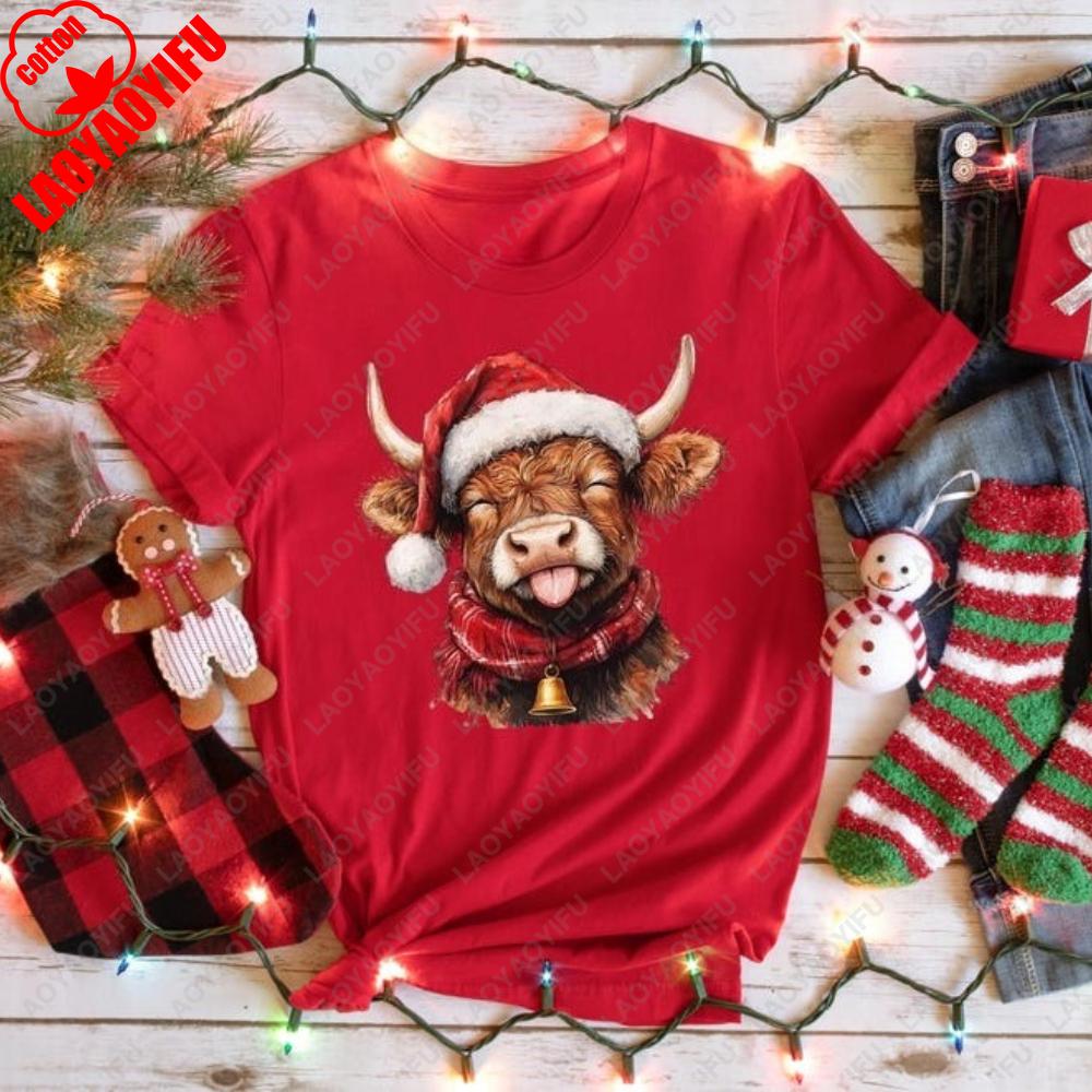 Funny Highland Cow Christmas Shirts Farm Cow with Santa Hat T-Shirt Xmas Bell Country Woman Men Christmas T Shirts Print Tops