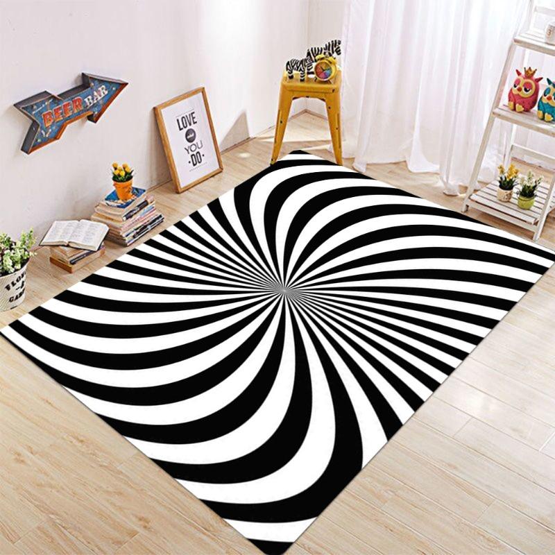 Black and White Intersecting Lines Optical Illusion Carpet Trap Area Anti Slip Square Living Room Short Plush Vortex Carpet