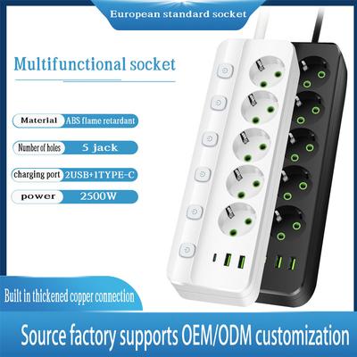 EU Plug Electrical Socket 3/5 AC Outlets+2 USB+1Type C 8-in-1 Adapter Multitap Fast Charging Power Strip With 2M Extension Cord