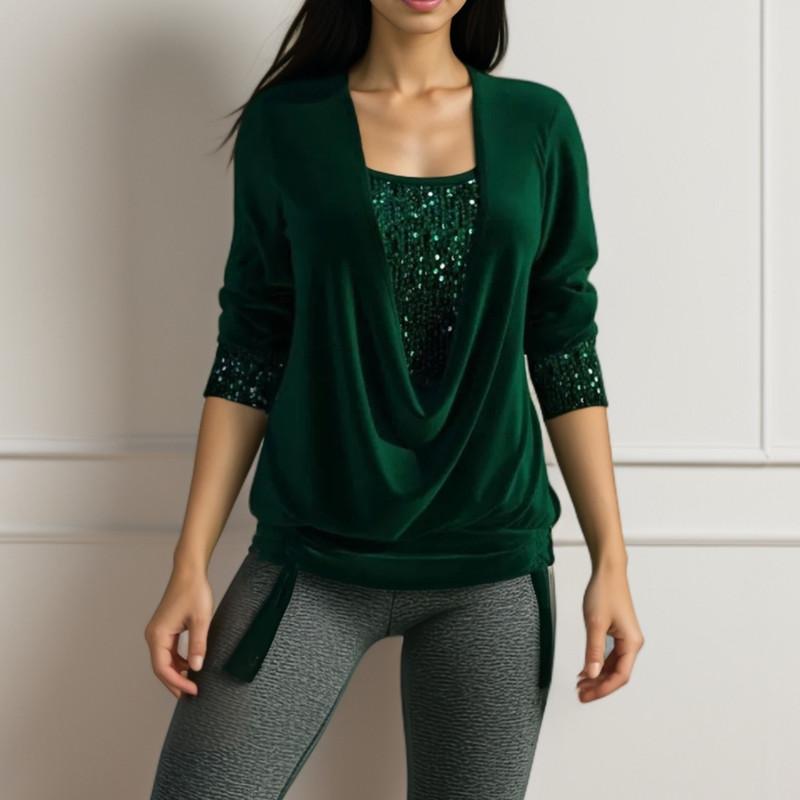 Spring and Autumn Beaded Clash Net Long Sleeve Women's Big Drop Neck Loose Drawstring False Two Piece Top