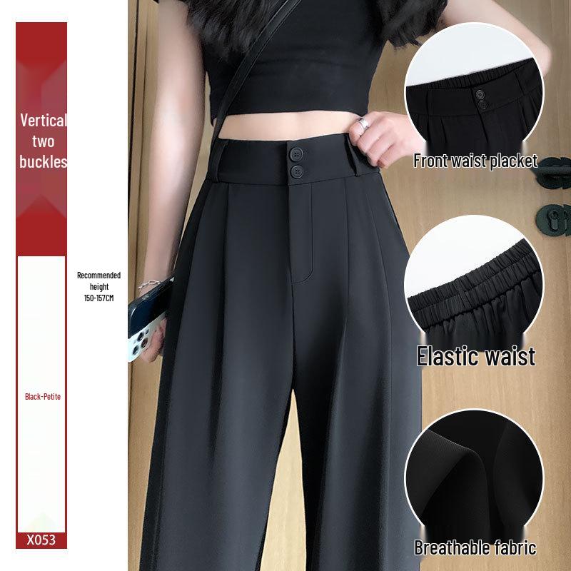 Women's High-End Black Drapey Straight-Leg Wide Suit Pants - Slimming, Casual Fit for Spring/Summer, Ideal for Pear-Shaped Bodies.